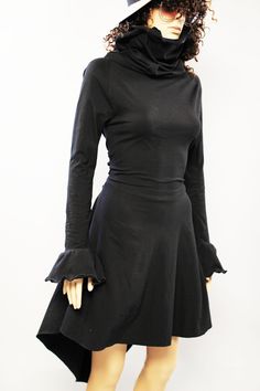 Turtleneck dress with Fit-Flare skirt and tie up back, any colors. Details: - Stretch cotton jersey knit fabric - Hi-Low skirt - Row edge - Oversized turtlenck - Long bell sleeves - tie in the back (tighten or loosen the dress) - Slips on - 95% cotton, 5% Lycra (light weight) - Machine wash, hand dry, no ironing needed SIZE XS (US S 0-2, UK 6-8, Italian 36-38, French 32-34) Bust: fits bust around 32-33 Waist: fits waist around 24-25 Hips: fits hips around 35-36 SIZE S(US S 4-6, UK 10-12, Italian Turtleneck Long Sleeve Dress, 1980 Dress, 1980 Fashion, Dress Grunge, Cotton Turtleneck, Lace Shrug, Hi Low Skirts, Long Sleeve Turtleneck Dress, Weight Machine