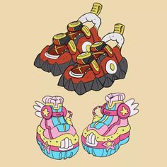 an image of cartoon shoes with wings on the bottom and one shoe in the middle