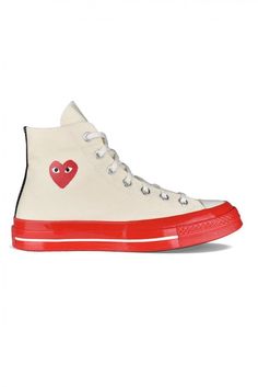 Comme Des Garçons Play x Converse high-top sneakers.Light beige canvas.Signature red heart logo on outer side.Contrasting red patent rubber sole.Round white rubber toe.Lace-up closure.Contrasting seams. Red High-top Sneakers With Logo-print Tongue, Casual High-top Sneakers With Logo-print Tongue And White Sole, Red Casual Sneakers With Logo-print Tongue, Casual Red Sneakers With Logo-print Tongue, Casual High-top Sneakers With Logo-print Tongue, Trendy Red High-top Sneakers With Vulcanized Sole, Cream High-top Sneakers With Rubber Toe Cap For Streetwear, Cream High-top Sneakers With Rubber Toe Cap, Cream High-top Sneakers With Gum Sole