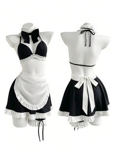 Halloween Maid Cosplay Costume 4 Pieces Sets With Pleated Ruffle Bow Decor Backless Camisole & Skirts. Black     Colorblock  Non-Stretch  Women Clothing, size features are:Bust: ,Length: ,Sleeve Length: Maid Halloween Costume, Maid Halloween, College Halloween Party, Rave Fits, Maid Cosplay, Casual Tanks, Bow Decor, Movie Posters Minimalist, Cute Halloween Costumes