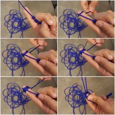 four pictures showing how to tie a knot together with blue string and then using yarn