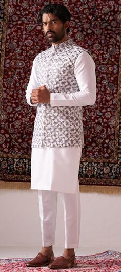 White and Off White color Kurta Pyjama with Jacket in Silk fabric with Embroidered, Thread work White Cotton Nehru Jacket With Zari Work, White Cotton Nehru Jacket For Festive Occasions, Festive White Cotton Nehru Jacket, White Sherwani With Floral Embroidery For Eid, Traditional White Bandhgala With Floral Embroidery, White Cotton Nehru Jacket With Floral Embroidery, Traditional White Nehru Jacket With Floral Embroidery, White Floral Embroidered Traditional Bandhgala, Festive White Outerwear With Chikankari Embroidery