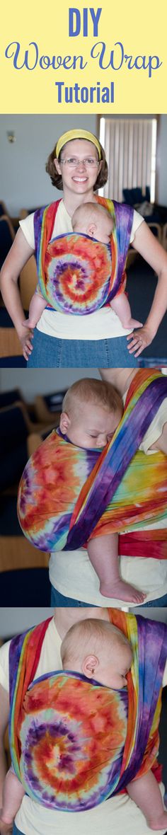 two pictures of a baby wrapped in a tie - dyed wrap