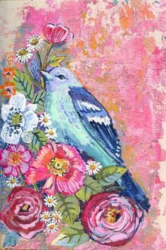 a painting of a blue bird with flowers on it's head and pink background