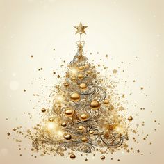 a golden christmas tree with gold ornaments and stars on the top, against a beige background