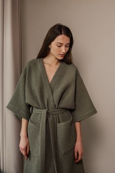 "PETRA robe in moss green color. * Three-quarter length kimono sleeves * Wrap tie belt * With belt loops * With front pockets * Waffle weave * Extremely absorbent (becomes more absorbent after each wash) DETAILS: * 100% cotton, STANDARD 100 by OEKO-TEX®. * All pieces are made to order, if you need a special size, please leave a note when purchasing. SIZING & FIT This robe is designed to have a loose fit. Please check the finished robe measurements sizing table in the last photo or below in the l Robe For Women, Sheila E, Green Kimono, Matching Robes, Womens Robes, Waffle Weave, Kimono Sleeve, Moss Green, Lithuania