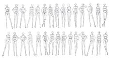 a line drawing of different types of female mannequins, from front to back