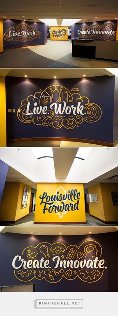 three different signs that say live work and create innovation