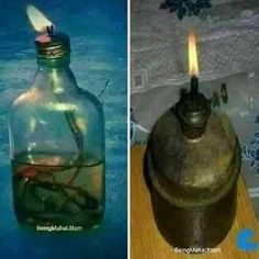 two pictures side by side one with a candle in a bottle and the other with water inside