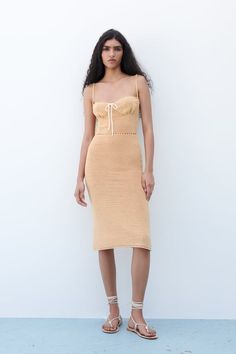 KNIT CORSET DRESS - Sand | ZARA United States Elegant Beige Knit Top For Spring, Elegant Cotton Knit Top For Spring, Chic Textured Knit Top For Spring, Fitted Beige Chic Knit Top, Spring Stretch Cream Knit Top, Chic Fitted Beige Knit Top, Spring Cream Stretch Knit Top, Chic Spring Textured Knit Top, Cream Knit Top For Spring Day Out