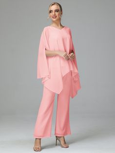 Details:      Fabric: Chiffon  Neckline: V Neck  Sleeve Length: Half Sleeves  Embellishment: None  Dress Length: Floor Length   Available in full size range (US0-US30) and in   custom size Pink Long Sleeve Pantsuit For Evening, Spring Chiffon Sets For Wedding Guests, Fitted Pink Chiffon Set, Pink Fitted Chiffon Sets, Spring Wedding Guest Chiffon Sets, Chiffon Sets For Wedding Guests, Spring Evening Chiffon Sets, Elegant Pink Summer Pantsuit, Elegant Pink Chiffon Sets