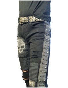 *Comfortable distressed stretch denim*Moto styled fabric sewn above knees*Distressed black denim underneath painted/backed skull patch sewn onto thigh*2 gray fabric strips loaded with gunmetal colored screw back studs on each side of the legs*BP2 signature barcode logo patch sewn above the left knee*Jean button and zipper closure If you have questions regarding available size specifics you can find the sizing charts here. Rocker Jeans, Barcode Logo, Punk Jeans, Skull Patch, Mosh Pit, Metal Skull, Vintage Band Tees, Style Punk, Gray Fabric