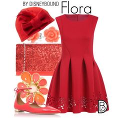 a red dress and matching shoes are featured in this disney - themed fashion lookbook