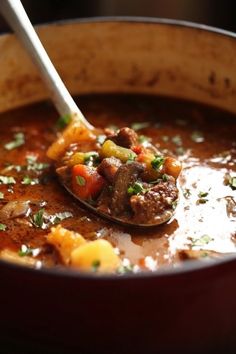 a spoon full of soup with meat and vegetables