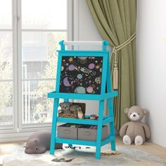 a child's room with a chalkboard and toys