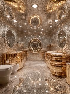 a fancy bathroom with gold and white fixtures