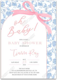 the baby shower is in pink and blue with a bow on it's head