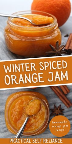 an orange jam in a glass jar with cinnamon sticks and star anise on the side