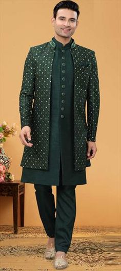 Green color IndoWestern Dress in Art Silk fabric with Embroidered, Thread work Green Dresses With Zari Work For Ceremonies, Green Festive Ceremonial Dress, Festive Green Ceremonial Dress, Transitional Green Floral Embroidered Dress, Green Dress With Motifs For Festivals, Green Embroidered Dress For Ceremony, Green Dresses With Intricate Embroidery For Ceremony, Green Festive Dress For Ceremony, Green Festive Dresses For Ceremonies