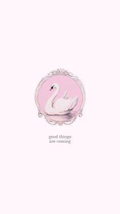 a white swan sitting on top of a pink background with the words good things are coming