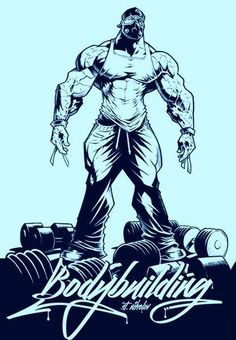 a drawing of a bodybuilding man standing on top of a barbell with the words bodybuilding written below it