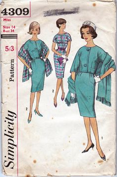 a woman's dress and shawl sewing pattern from the 1950's,