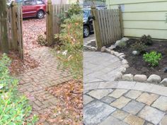 two pictures side by side one shows a garden and the other shows a driveway