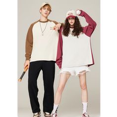 Unisex Color Block Raglan Shoulder Embroidery Long-Sleeved T-Shirt - graphictee.co Oversized Tops With Contrast Color For Spring, Casual Tops With Contrast Color And Crew Neck, Casual Crew Neck Top With Contrast Color, White Long Sleeve T-shirt For College, Beige Long Sleeve T-shirt With Relaxed Fit, White Long Sleeve College T-shirt, Spring Crew Neck Sweatshirt With Contrast Color, Casual Oversized Top With Contrast Color, White Long Sleeve Top With Contrast Color