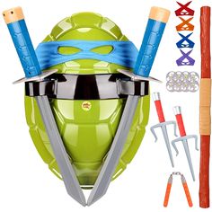 a teenage mutant ninja helmet with swords and tools