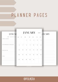 three calendars with the words planner pages on them and arrows pointing in different directions