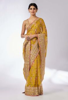 Masoom Mustard Sari Set by Gopi Vaid, available on Indiaspopup.com White Anarkali, Easy Wrap, Embroidered Border, Satin Blouses, Yellow Blouse, Satin Color, Organza Saree, Effortless Elegance, Petticoat