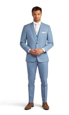 A slim light blue suit with two buttons and a notch lapel. Classic Fitted Light Blue Suit, Classic Blue Three-piece Suit With Single Button, Classic Light Blue Fitted Suit, Fitted Light Blue Suit For Formal Occasions, Fitted Blue Blazer With Flat Front, Fitted Light Blue Formal Suit, Blue Fitted Blazer With Flat Front, Light Blue Fitted Classic Blazer, Blue Business Suit For Spring