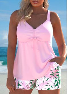 Color:Light Pink;Size:S;Size:M;Size:L;Size:XL;Size:XXL;Bra Style:Padded;Support:Wire Free;Pad Style:Removable;Strap Style:Adjustable;Package Contents:1 X Top , 1 X Shorts;Occasion:Sport; Plus Size Beach Outfits, Pink Tankini, Elegant Dresses Plus Size, Plants Print, Plus Size Tankini, Pink Tropical, Printed Tankini, Black Swimwear, Tankini Set