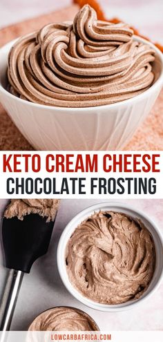 keto cream cheese chocolate frosting in a white bowl