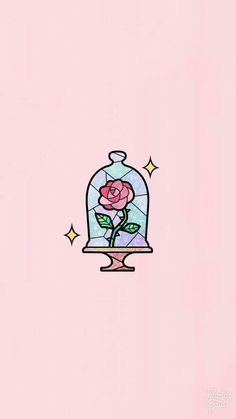 a drawing of a pink rose in a glass dome with stars on the bottom and inside