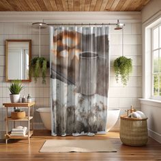 a bathroom with a shower curtain that has an image of a coffee cup on it