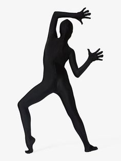 a man in a black bodysuit is standing with his arms outstretched and legs spread out