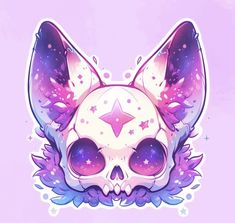 a cat skull with stars on it's forehead and wings around its neck, in front of a purple background