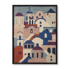 a rug with an image of buildings on the side and blue domes in the middle