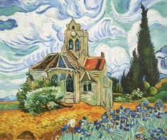 a painting of an old church with blue flowers in the foreground and clouds in the background