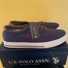 Navy Blue Canvas With Brown Accents New With Tags In Box Casual Navy Sneakers With Branded Insole, Navy Canvas Casual Sneakers, Navy Casual Canvas Sneakers, Casual Navy Canvas Sneakers, Casual Navy Slip-on Sneakers, U.s. Polo Assn., Blue Canvas, Canvas Sneakers, Mens Shoes Sneakers