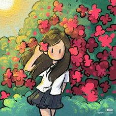 a painting of a girl standing in front of flowers with her hands behind her head