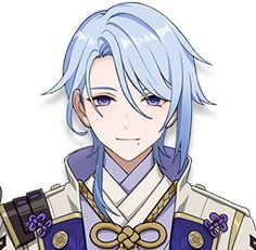 an anime character with blue hair and long white hair, wearing a uniform that is made to look like him