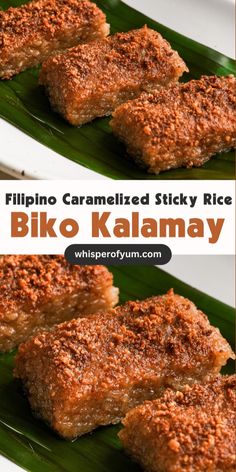 two pieces of fried rice sit on top of a banana leaf with the words, filipino caramelized sticky rice