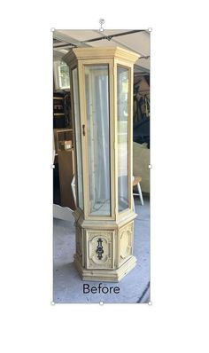 an old grandfather clock is shown before and after it was painted white with gold trim