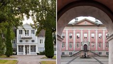 two photos side by side, one with an arched doorway and the other with trees