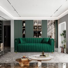 a living room with a green couch and coffee table