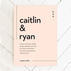 a pink and black wedding card with the words, catlin & ryan on it