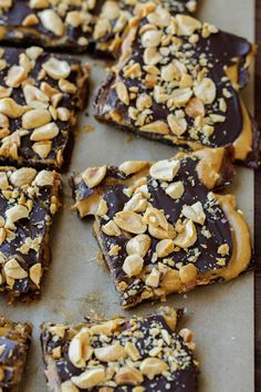 chocolate peanut butter bars with nuts on top