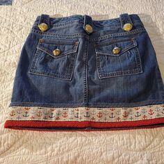 Mini Skirt Out Of Jeans, Recycled Skirt, 2000s Fashion Inspiration, Sailor Skirt, Embroidered Denim Skirt, Denim Skort, Anchor Print, Womens Skirts, Fire Fits